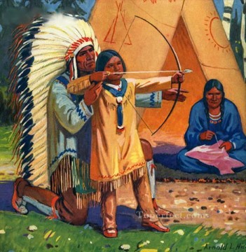 Hombre nativo americano enseñando a su hijo a usar arco y flecha corcel indio Pinturas al óleo
